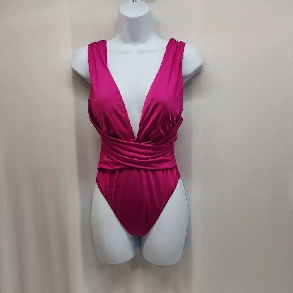 Trina Turk Size 6 Standard Getaway Hot Pink Wrap Front Swimsuit
